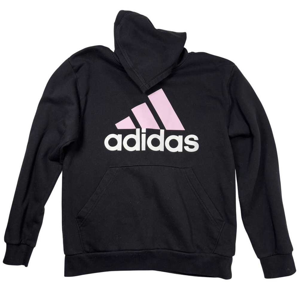 Adidas Hoodie Pullover Big Logo Fleece Kangaroo Pocket Black Pink